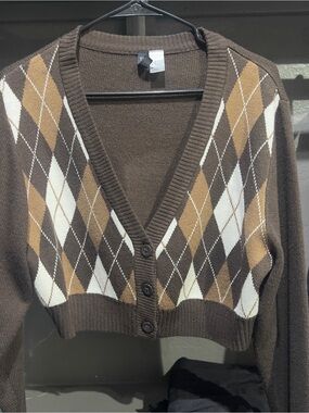 Brown Argyle Button-Front Women’s Sweater Cardigan H&M